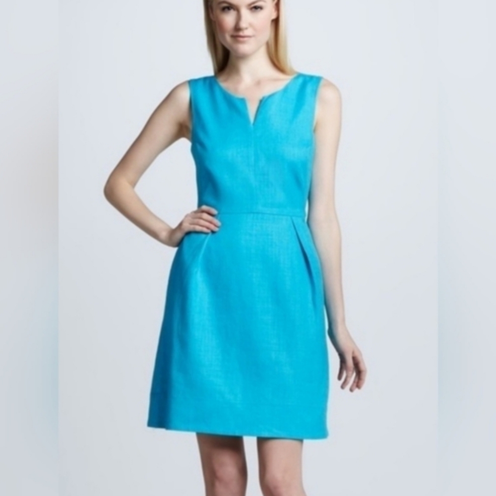 Kate Spade Linen Blend Blue Knee Length Dress 8 Notch Neck Pleat Waist Side Zip